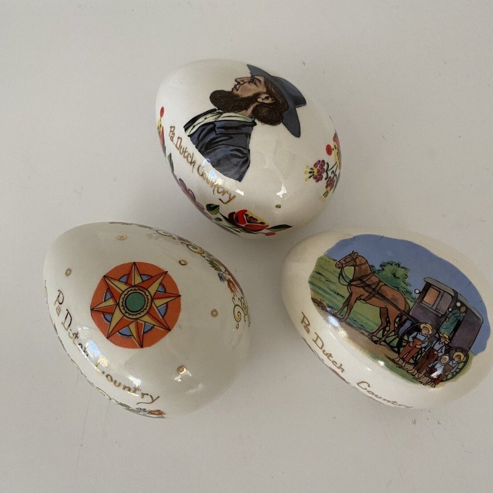 Dutch Country ceramic Easter eggs Amish buggy floral compass rose 3"